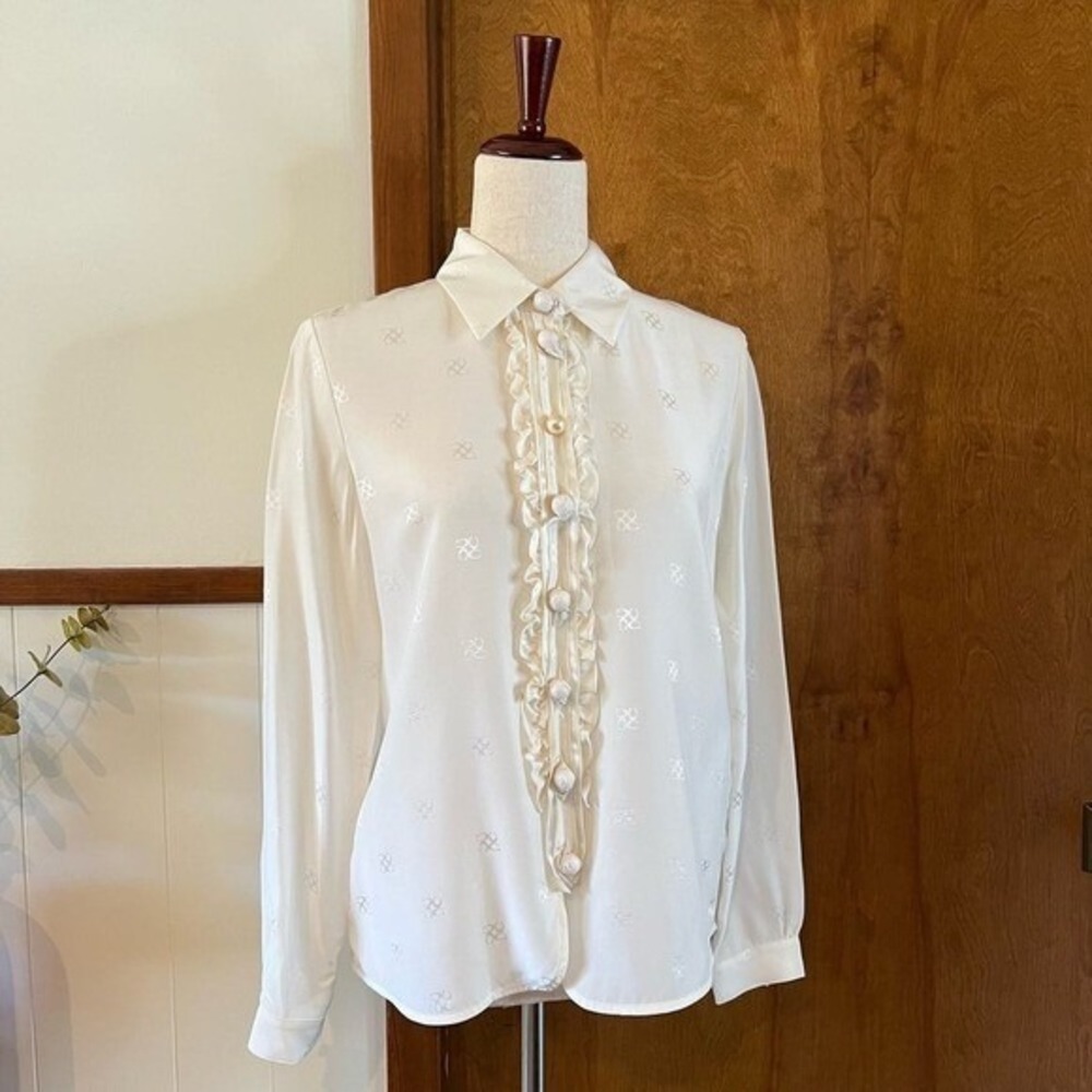 Coach 1941 Silk Signature Jacquard Ruffle Blouse Pearl Button Designer Top Sz 2